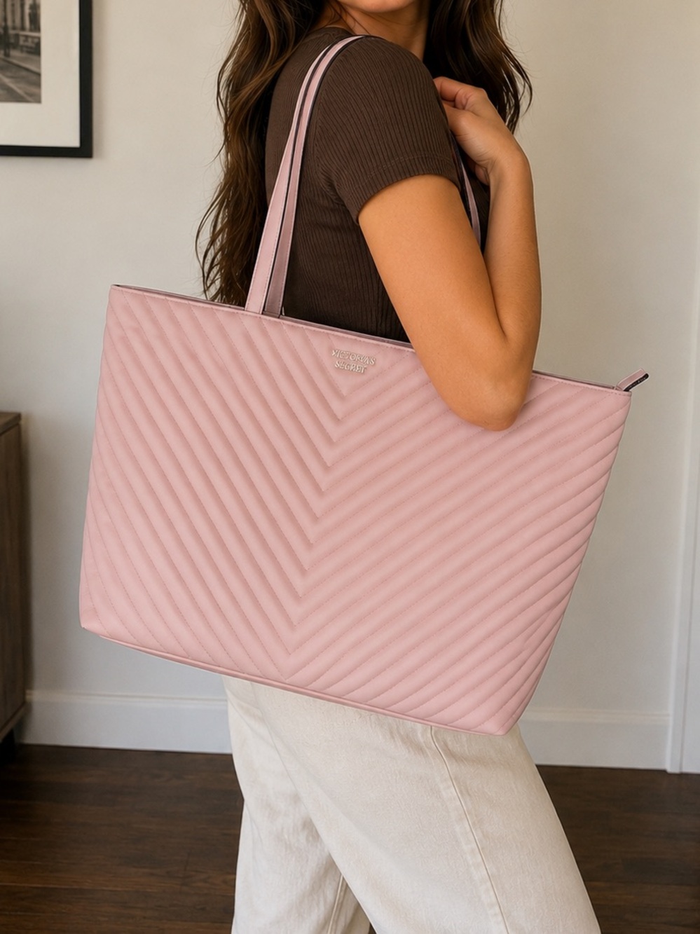 Victoria's Secret Blush Pink Quilted Chevron Tote